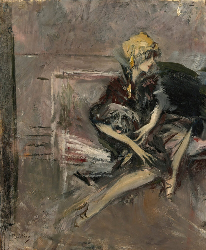 乔瓦尼·博尔迪尼 (Giovanni Boldini,意大利画家)--戴黄帽子的女士和她的狗(Marchesa Casati)(1931)