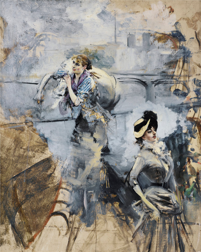 乔瓦尼·博尔迪尼 (Giovanni Boldini，意大利画家)--洗衣妇和年轻的黑发，巴黎塞纳河边