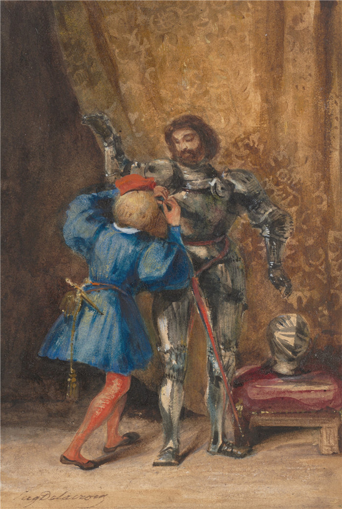 欧仁·德拉克鲁瓦(Eugene Delacroix,法国画家)作品 - Goetz von Berlichingen 身着盔甲,由他的佩奇乔治 (1826–27)