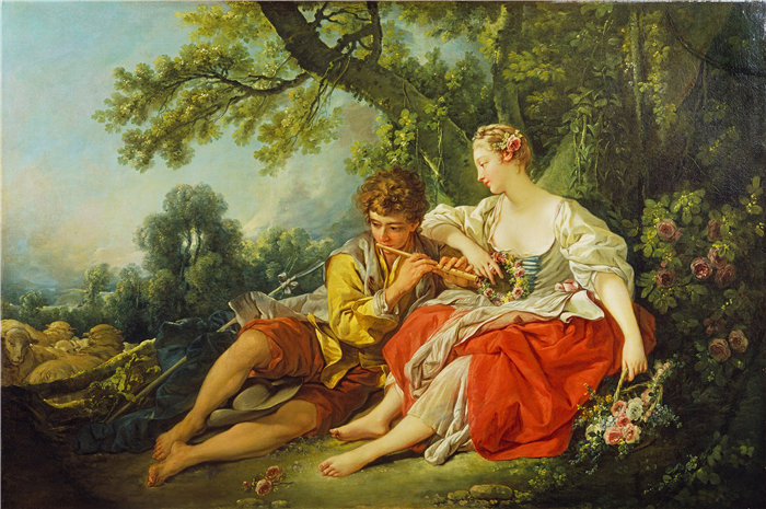 弗朗索瓦·布歇(François Boucher)-牧羊人管道给牧羊女(c. 1747 - 1750)