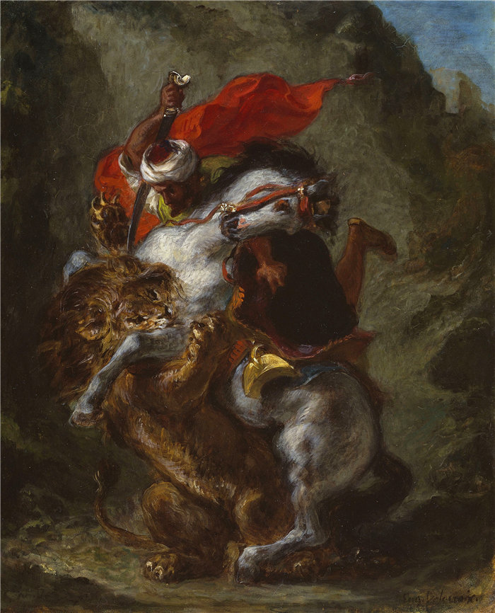 欧仁·德拉克鲁瓦（Eugene Delacroix，法国画家）作品 - 被狮子袭击的阿拉伯骑士 (1849)