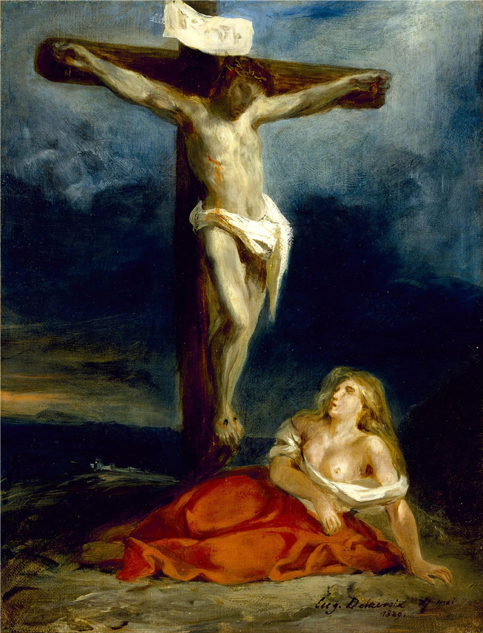 欧仁·德拉克鲁瓦（Eugene Delacroix，法国画家）作品 - 在十字架脚下的圣玛丽抹大拉