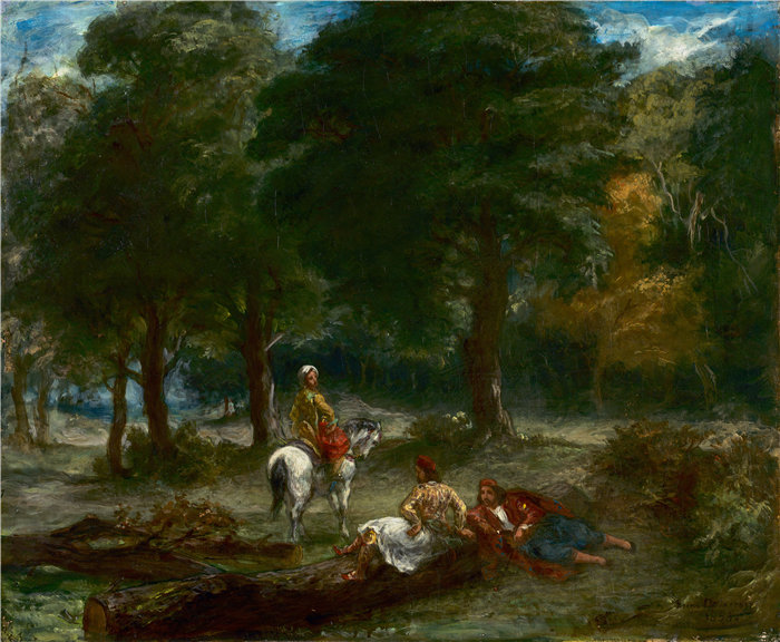 欧仁·德拉克鲁瓦（Eugene Delacroix，法国画家）作品 - 在森林中休息的希腊骑兵 (1858)