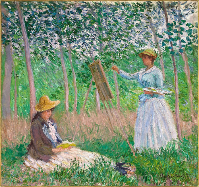 克洛德·莫奈（Claude Monet，法国画家）作品- 在吉维尼的树林里-布兰奇·霍舍德在她的画架上和苏珊娜·霍舍德阅读