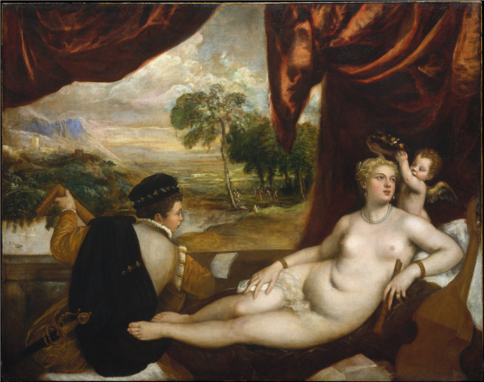 提香（Titian，意大利画家）作品--维纳斯和琵琶演奏者（约 1565-70 年）