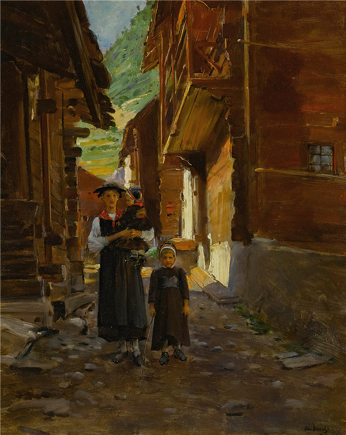 让·贝罗 (Jean Béraud，法国画家) 作品--山景中的年轻妇女和儿童