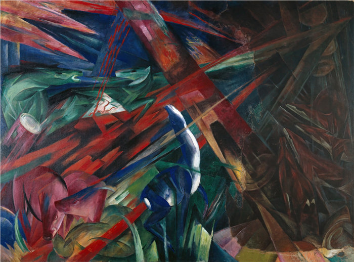 弗朗茨·马克(Franz Marc,德国画家)作品--动物的命运(树显出年轮,动物显出脉络)(1913)