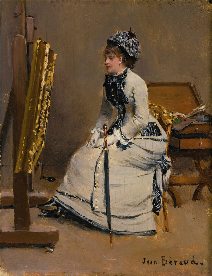 让·贝罗 (Jean Béraud，法国画家) 作品--坐在黑板前的女人