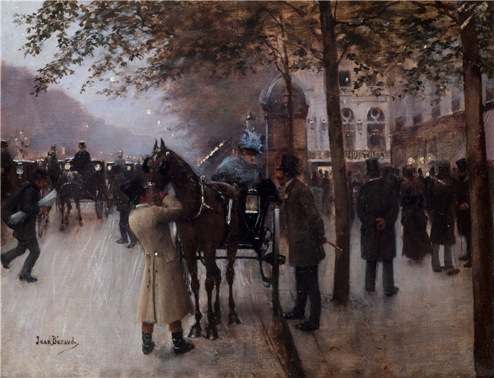 让·贝罗 (Jean Béraud，法国画家) 作品--卡普辛大道，晚上，那不勒斯咖啡馆前（1880年）