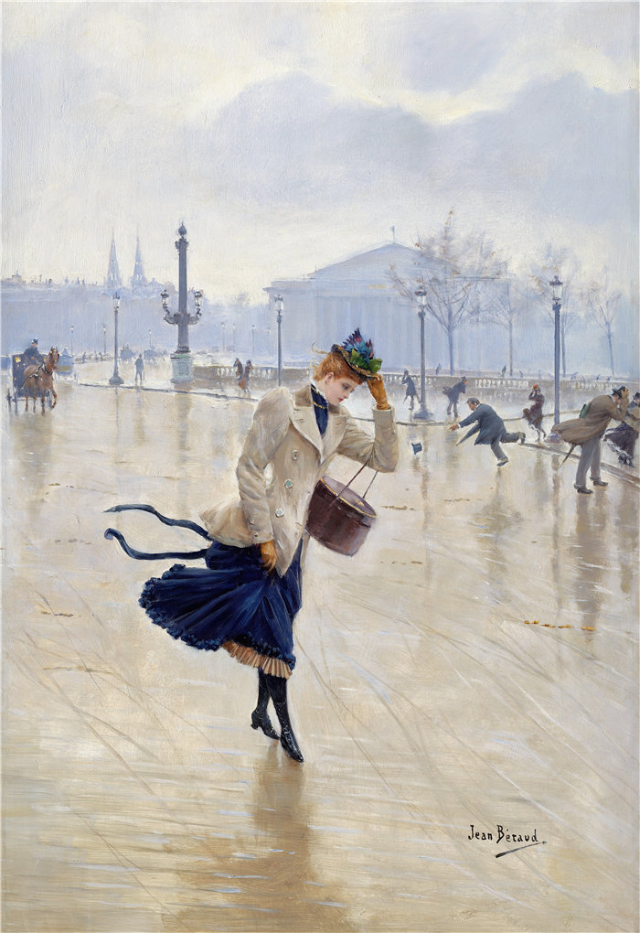 让·贝罗 (Jean Béraud，法国画家) 作品--刮风的日子，协和广场（约 1890 年）