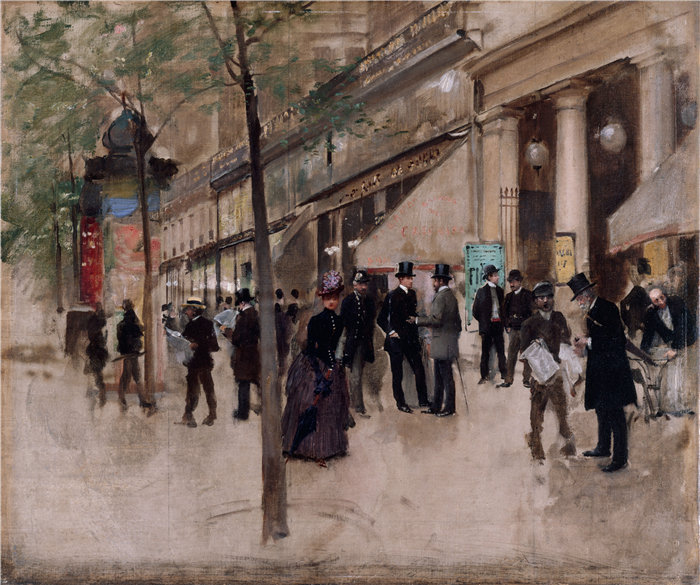 让·贝罗 (Jean Béraud，法国画家) 作品--蒙马特大道，下午（1885年）在综艺剧院前