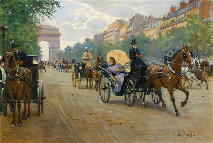 让·贝罗 (Jean Béraud，法国画家) 作品--香榭丽舍大街上的场景