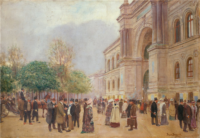 让·贝罗 (Jean Béraud，法国画家) 作品--工业宫沙龙出口（1890年）