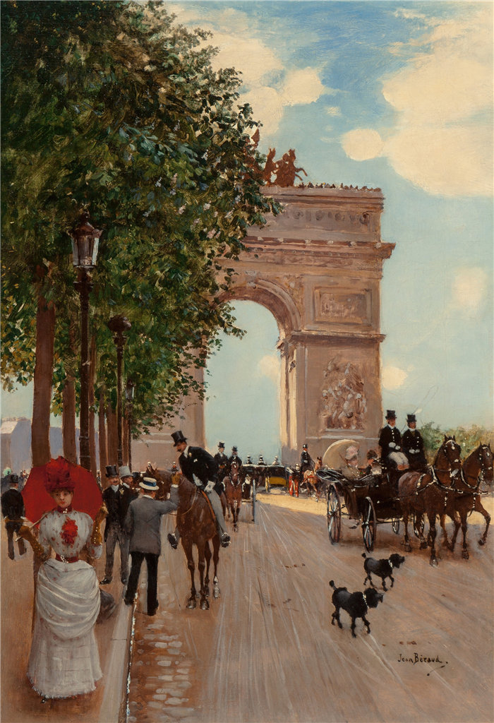 让·贝罗 (Jean Béraud，法国画家) 作品--凯旋门，香榭丽舍大街（约 1882-85 年）