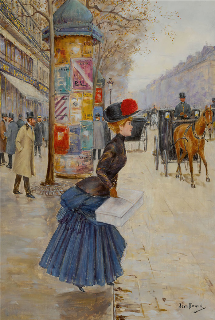 让·贝罗 (Jean Béraud，法国画家) 作品--穿过林荫大道的年轻女子