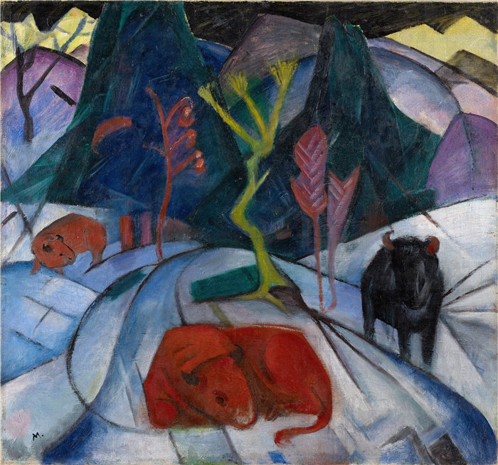 弗朗茨·马克(Franz Marc，德国画家)作品--冬天的野牛（红野牛）（1913）