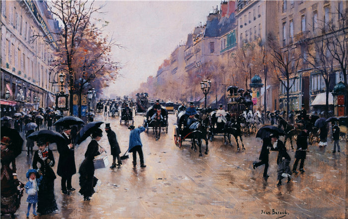 让·贝罗 (Jean Béraud，法国画家) 作品--雨中的鱼大道（1880）