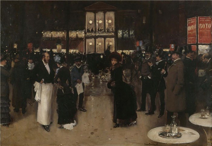 让·贝罗 (Jean Béraud，法国画家) 作品--蒙马特大道，晚上，在综艺剧院前（1885年）
