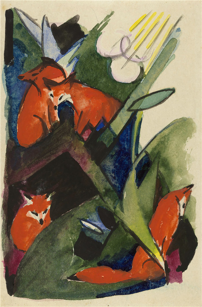 弗朗茨·马克(Franz Marc，德国画家)作品--四只狐狸 (1913)
