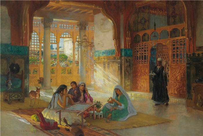 弗雷德里克·阿瑟·布里奇曼（Frederic Arthur Bridgman，美国画家）作品--阿拉伯宫殿的内部