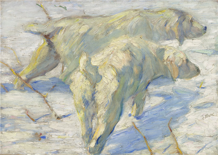 弗朗茨·马克(Franz Marc，德国画家)作品--雪中​​的西伯利亚犬（1909-1910）
