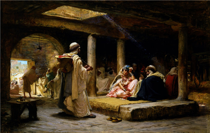 弗雷德里克·阿瑟·布里奇曼(Frederic Arthur Bridgman,美国画家)作品--阿尔及利亚比斯克拉的咖啡馆(1884 年)