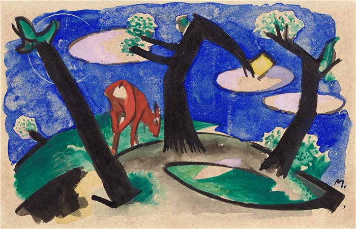 弗朗茨·马克(Franz Marc，德国画家)作品--有红色动物的风景（1913）