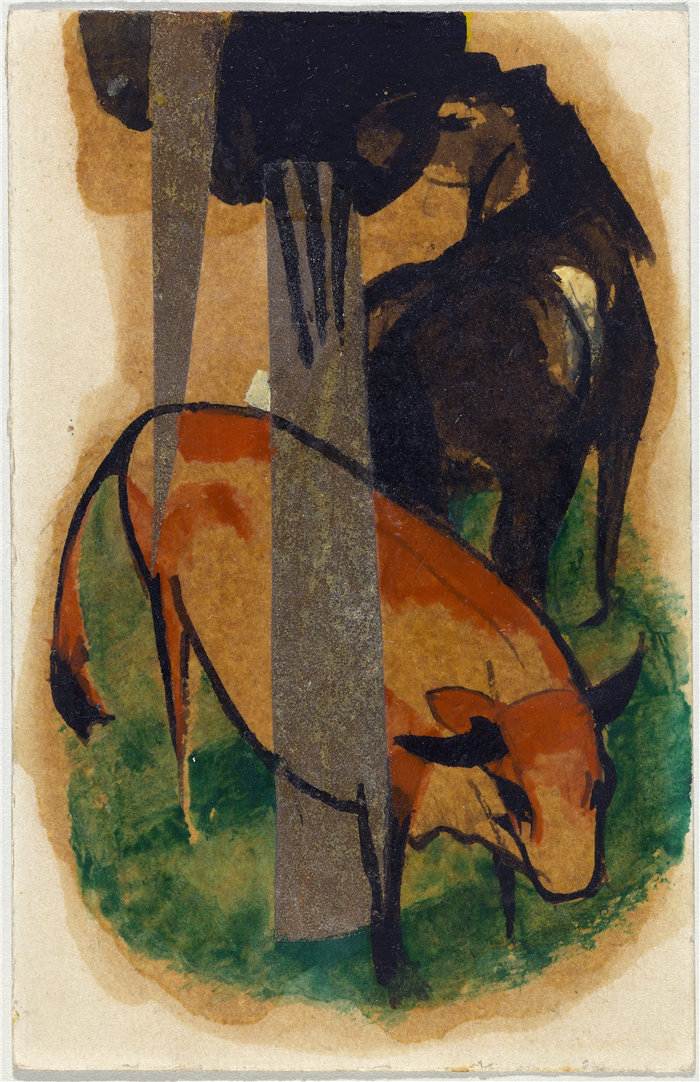 弗朗茨·马克(Franz Marc，德国画家)作品--红马黄牛（黑马黄牛）（1913）