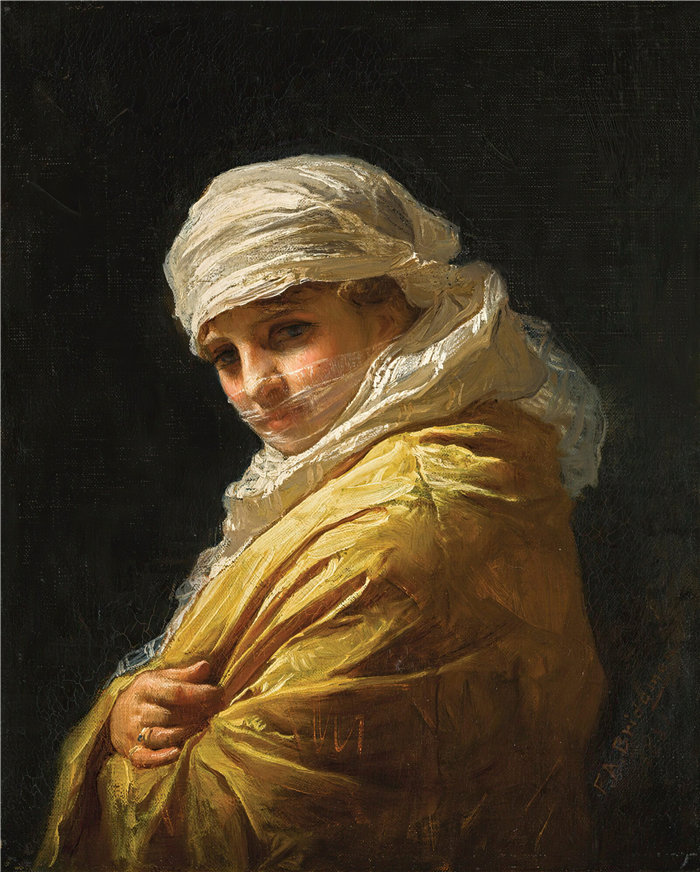 弗雷德里克·阿瑟·布里奇曼（Frederic Arthur Bridgman，美国画家）作品--戴白头巾的年轻女子