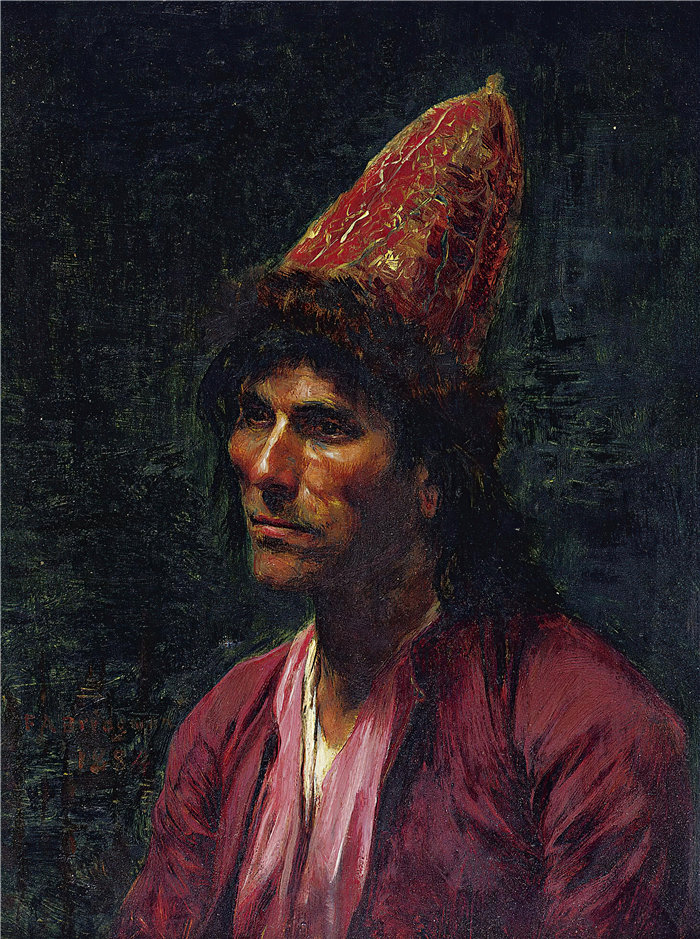 弗雷德里克·阿瑟·布里奇曼(Frederic Arthur Bridgman,美国画家)作品--一个男人的肖像(1884)