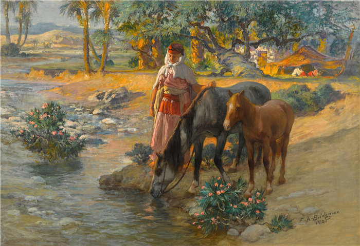 弗雷德里克·阿瑟·布里奇曼（Frederic Arthur Bridgman，美国画家）作品--给马浇水 (1921)