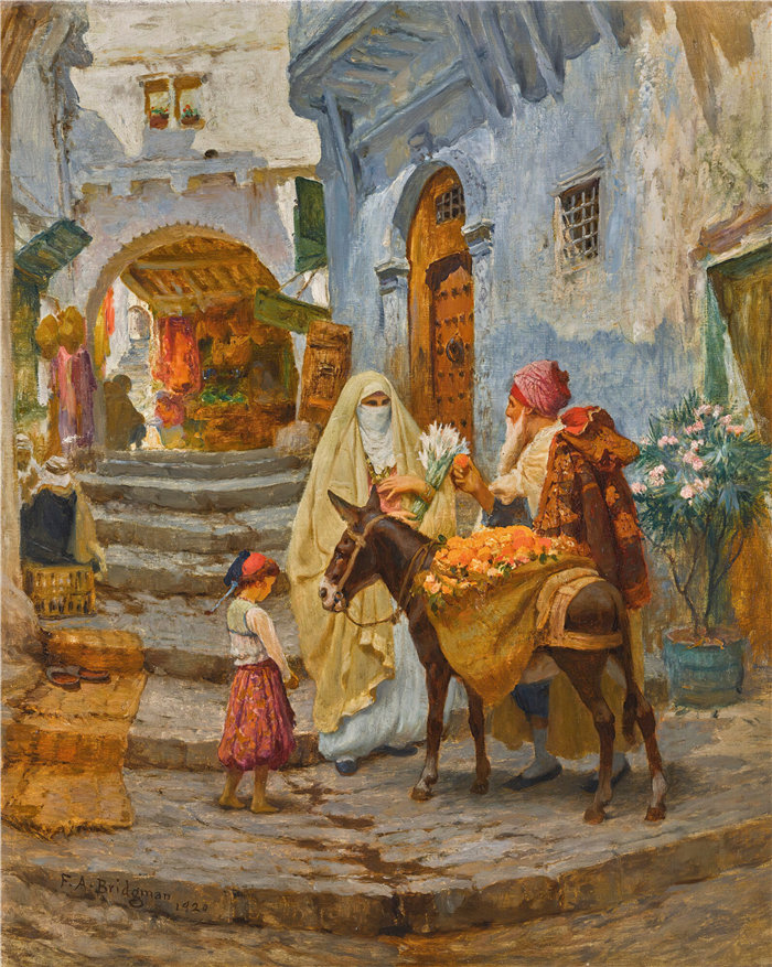 弗雷德里克·阿瑟·布里奇曼(Frederic Arthur Bridgman,美国画家)作品--卖橙子的人 (1920)