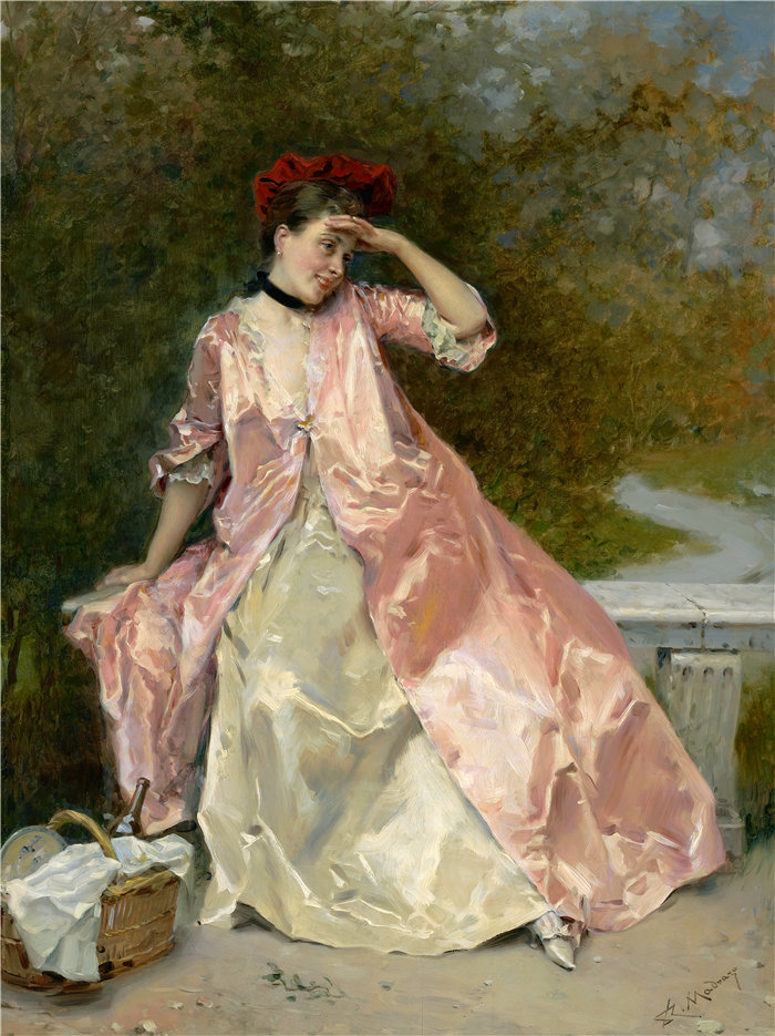 雷蒙多·德·马德拉索·加雷特（Raimundo de Madrazo y Garreta，西班牙画家）-- 带野餐篮的女人（约 1890 年）