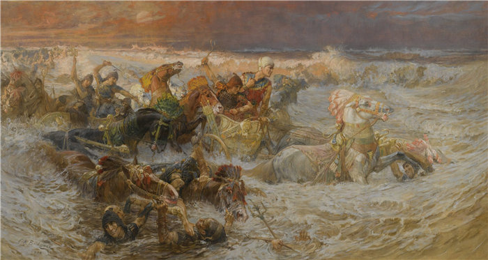 弗雷德里克·阿瑟·布里奇曼(Frederic Arthur Bridgman,美国画家)作品--法老和他的军队被红海吞没 (1900)
