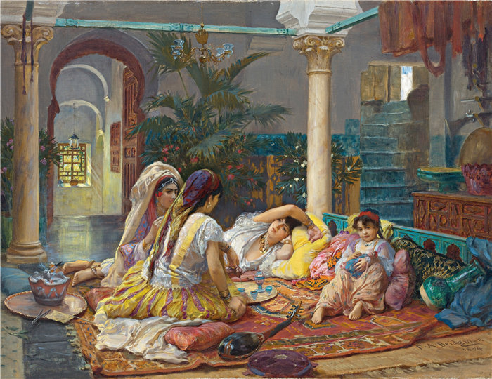 弗雷德里克·阿瑟·布里奇曼（Frederic Arthur Bridgman，美国画家）作品--在后宫 (1894)