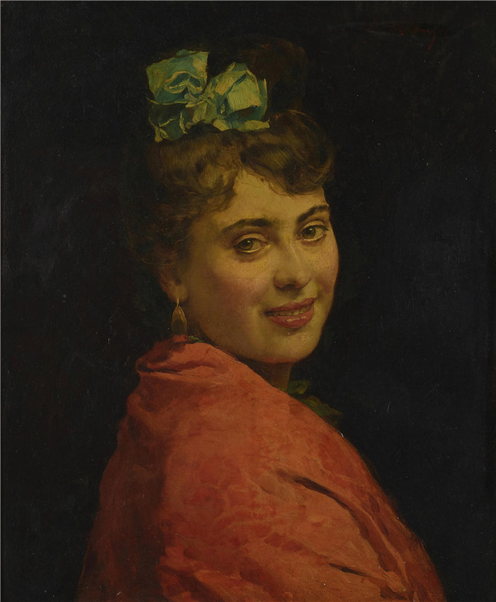 雷蒙多·德·马德拉索·加雷特（Raimundo de Madrazo y Garreta，西班牙画家）-- 一位披着红色披肩的女士的肖像