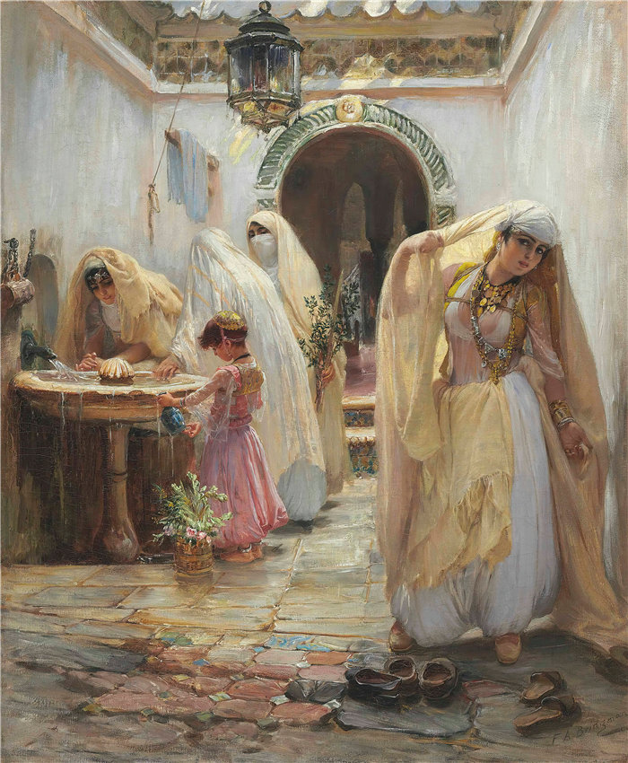 弗雷德里克·阿瑟·布里奇曼（Frederic Arthur Bridgman，美国画家）作品--喷泉旁的女人