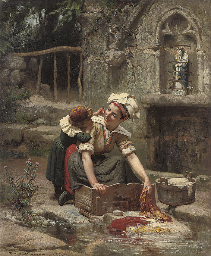 弗雷德里克·阿瑟·布里奇曼（Frederic Arthur Bridgman，美国画家）作品--妈妈的小帮手 (1874)