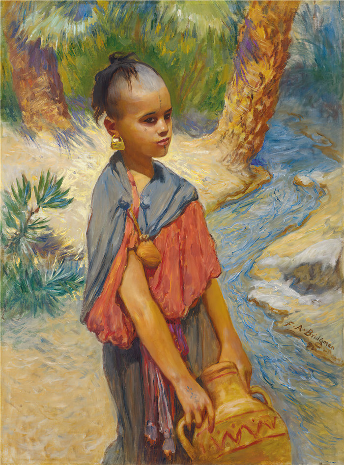 弗雷德里克·阿瑟·布里奇曼(Frederic Arthur Bridgman,美国画家)作品--河边的一个年轻女孩