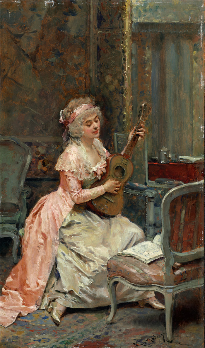 雷蒙多·德·马德拉索·加雷特（Raimundo de Madrazo y Garreta，西班牙画家）-- 带吉他的女人（约 1870 年）