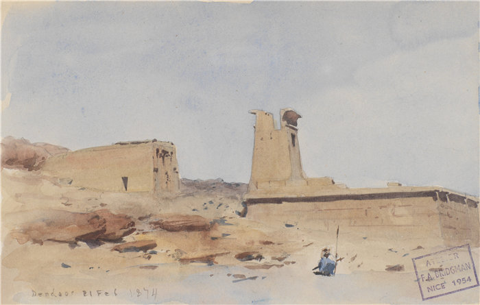 弗雷德里克·阿瑟·布里奇曼（Frederic Arthur Bridgman，美国画家）作品--丹铎神庙，展示塔和露台（1874 年）