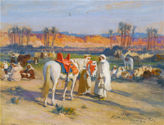 弗雷德里克·阿瑟·布里奇曼(Frederic Arthur Bridgman,美国画家)作品--在沙漠中停下 (1922)