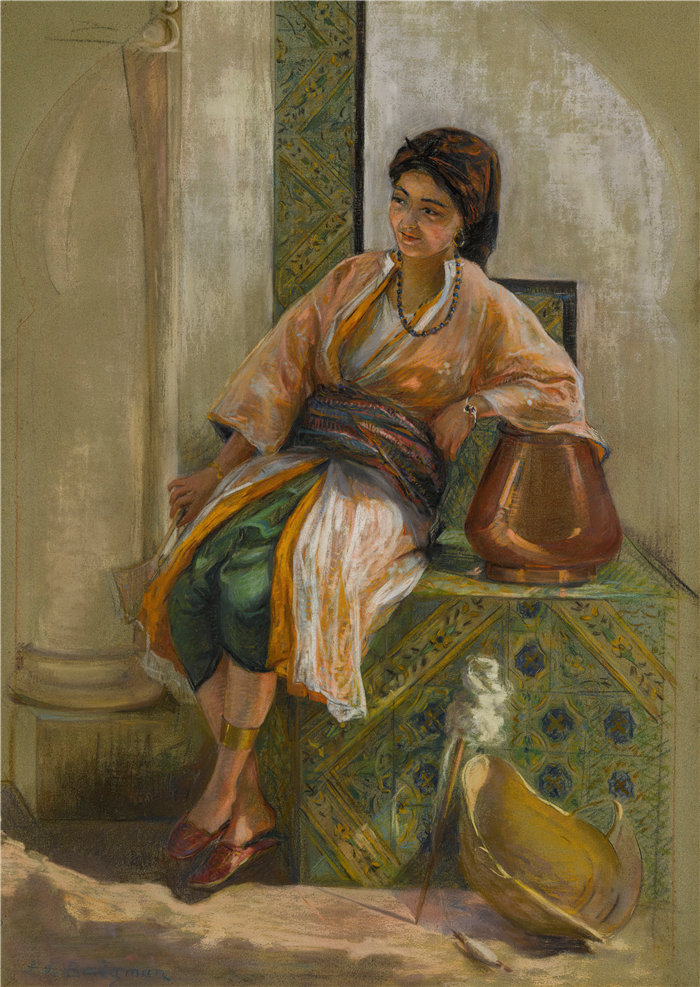 弗雷德里克·阿瑟·布里奇曼（Frederic Arthur Bridgman，美国画家）作品--扇子女孩