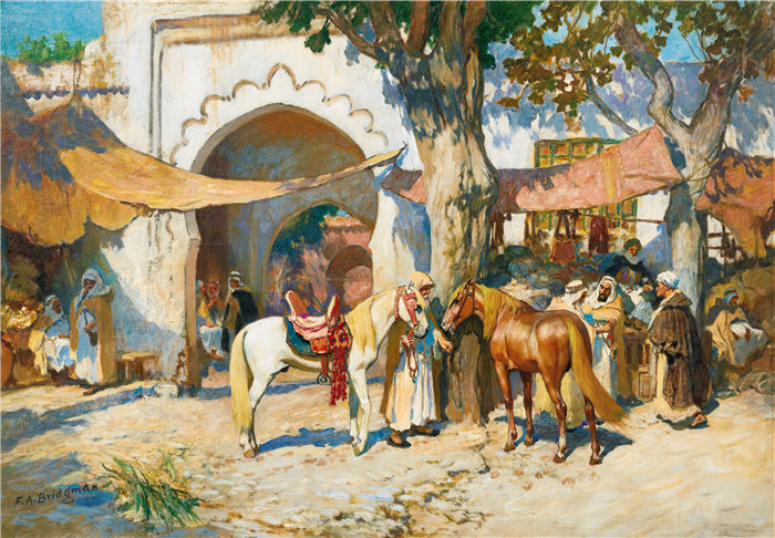 弗雷德里克·阿瑟·布里奇曼(Frederic Arthur Bridgman,美国画家)作品--在市场上,阿尔及尔