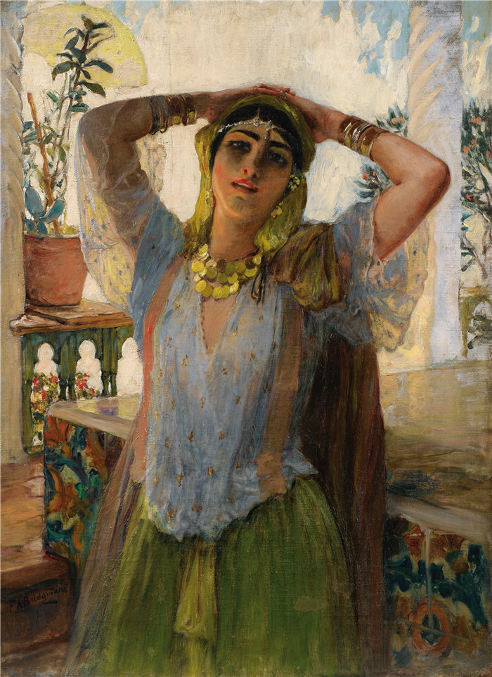 弗雷德里克·阿瑟·布里奇曼（Frederic Arthur Bridgman，美国画家）作品--露台上的年轻东方女人（1880 年代）