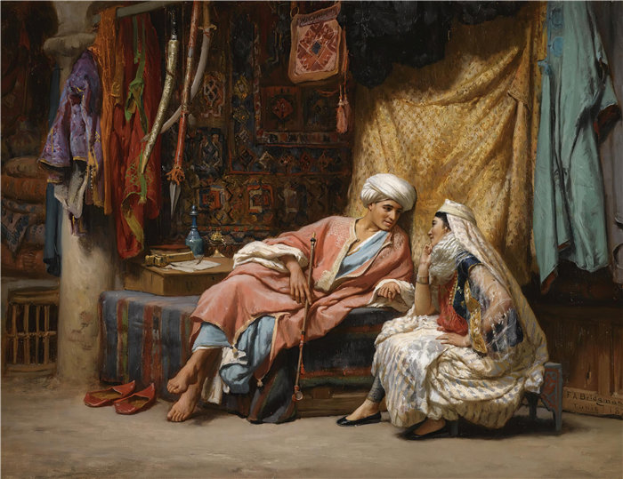 弗雷德里克·阿瑟·布里奇曼（Frederic Arthur Bridgman，美国画家）作品--在露天市场，突尼斯 (1874)
