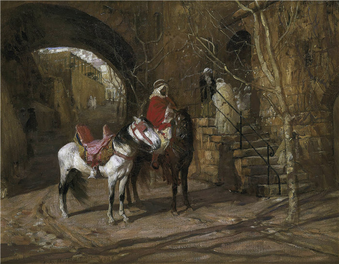 弗雷德里克·阿瑟·布里奇曼（Frederic Arthur Bridgman，美国画家）作品--院子里的骑士 (1889)