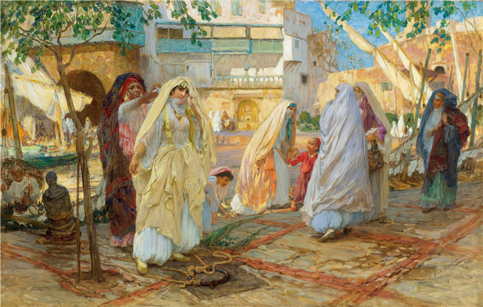 弗雷德里克·阿瑟·布里奇曼（Frederic Arthur Bridgman，美国画家）作品--派对结束后；-阿尔及尔港（1901年）