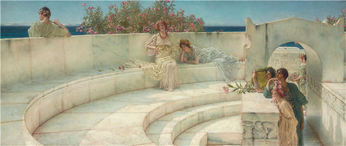 劳伦斯·阿尔玛·塔德玛（Lawrence Alma-Tadema，荷兰画家)作品--在蓝色爱奥尼亚天气的屋顶下