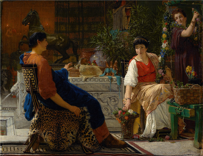 劳伦斯·阿尔玛·塔德玛(Lawrence Alma-Tadema,荷兰画家)作品--庆祝活动的准备工作(花环)(1866 年)